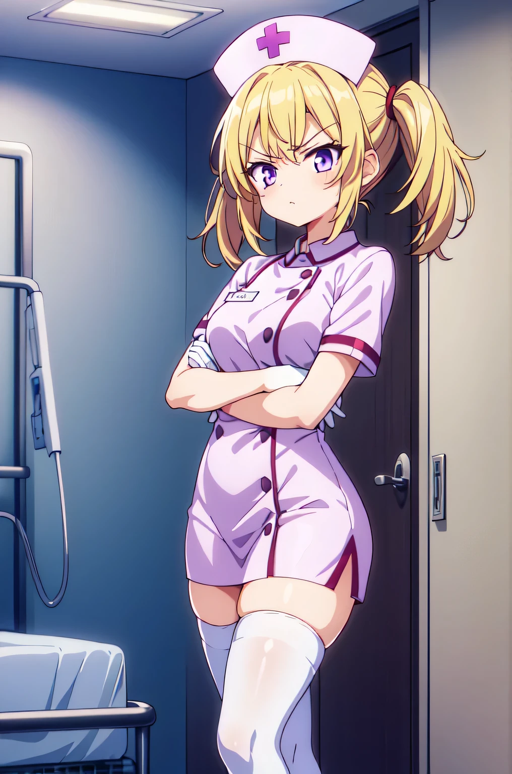 1girl, solo, nurse, nurse cap, white nurse uniform, ((white legwear, zettai ryouiki)), white gloves, twintails, yellow hair, purple eyes, angry, crossed arms, standing, ((hospital room)), sharp outline, short sleeves, best quality, masterpiece