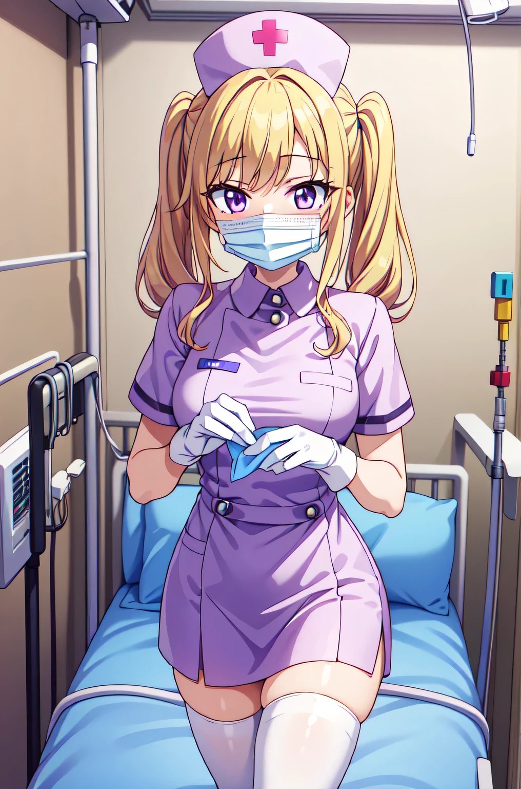 1girl, solo, nurse, nurse cap, white nurse uniform, ((white legwear, zettai ryouiki)), white gloves, twintails, yellow hair, purple eyes, ((white surgical mask, covered nose)), standing, ((hospital room)), sharp outline, short sleeves, best quality, masterpiece