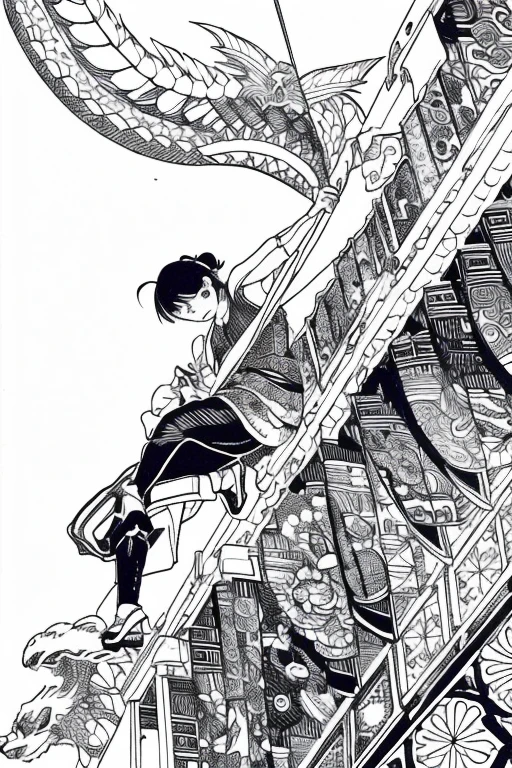 Adult coloring bookonochrome drawing,Black and White、Ise Katagami、Japanese painting、Ink painting、Japanese traditional patterns、Climbing Dragon、
