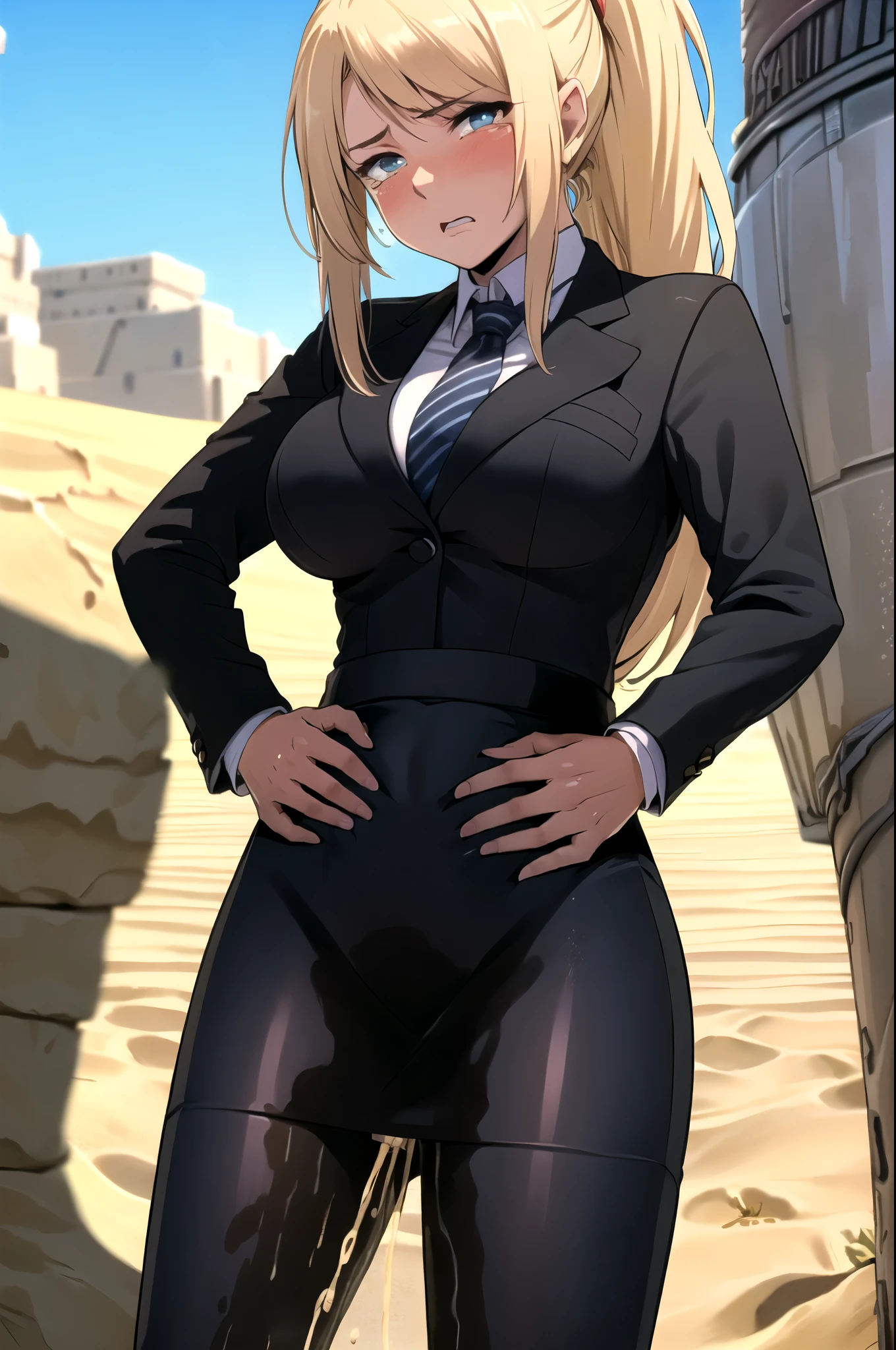 samus aran, facing viewer, ponytail, large breasts, hair tie, black suit, black business outfit, necktie, (long pencil skirt:1.5), pantyhose, (standing straight1.5), peeing herself, (wetting herself:1.5), very large peeing stain, huge pee stain, best quality, ultra-detailed, HDR, studio lighting, professional, vivid colors, sharp focus, physiologically-based rendering, bokeh, landscape, soft lighting, dynamic shadows, (hands on hips:2.0), embarrassed, humiliation, blushing, angry, tears, (desert:1.5), (sand:1.5), rocks, (canyon:1.5), (day:1.5), (daytime:1.5)