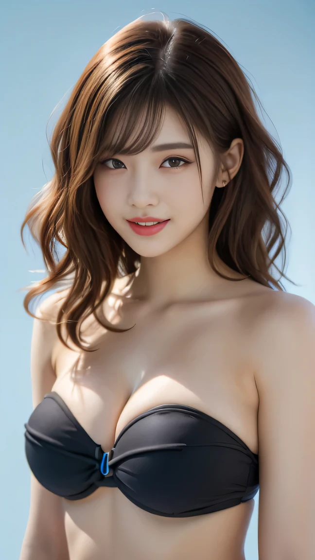 Generate with SFW, (1 girl:1.3), Cowboy Shot, Japanese, 20 year old supermodel, the body is slim, , (from before), (highest quality:1.4), 32k resolution, (Realistic:1.5), (Ultra-realistic:1.5), High resolution UHD, , ((Do not emphasize the top of the bust)), ((light light blue background color:1.15)), Accurate Fingers, Very detailed, Symmetrical eyes, Fine eyelashes, Thinly trimmed eyebrows,masterpiece:1.2)), (Improvement of quality:1.4), (Very beautiful facial details), (Highest quality realistic skin texture:1.4), (Perfect Anatomy:1.2), (Are standing:1.37), (strapless swimsuit , (black swimwear:1.21), (cleavage cutout View audience, Natural Makeup, [Pink lipstick], ((A good eye for quality:1.2)), (tired, Sleepy and satisfied:0.0), (Beautiful Lips:1.33), (Great nose:1.2), ((Physically Based Rendering of the Background:1.37)), (small breast), Tight waist, ( slim lower body), Brown Hair, bangs, (natural wave hair :1.37), , Gentle light illuminates the face and body, Spectacular and inspiring cinema lighting, ((arms at sides)), embarrassed happy laugh, ,