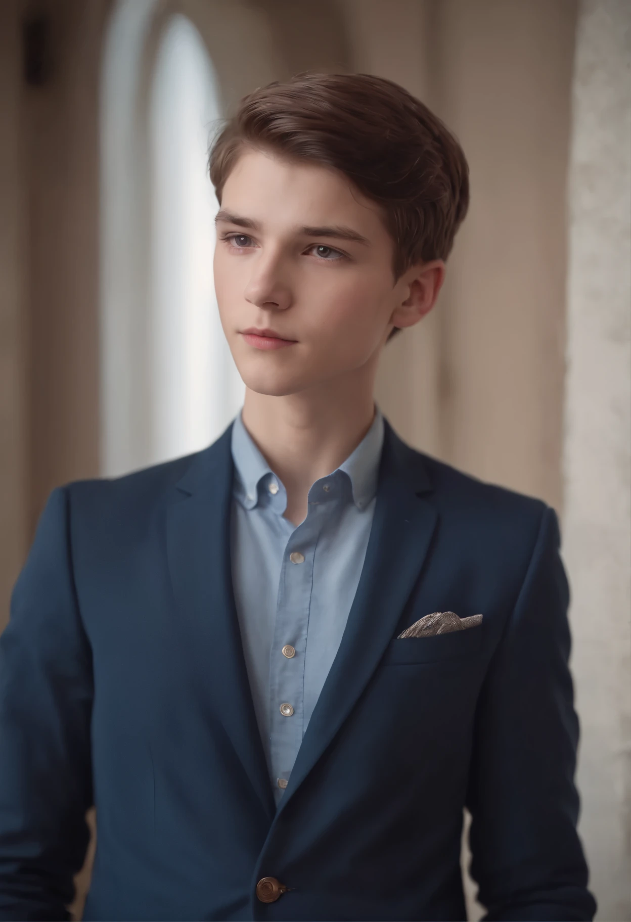 15 year old boy in a navy blue suit with short brown hair in a royal pose