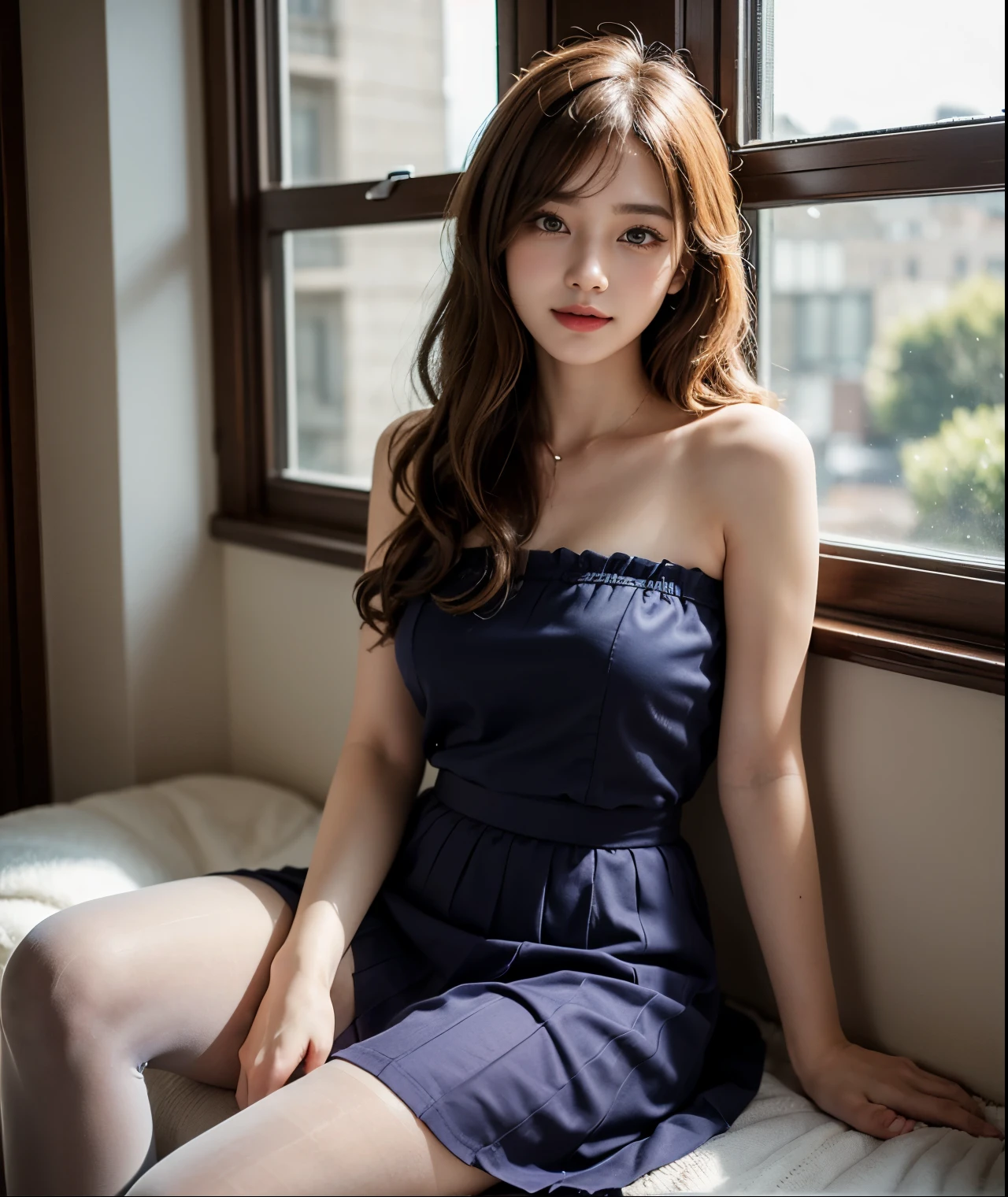 ulzzang-6500-v1.1, (RAW photo:1.2), (Photoreal), (muste piece), (genuine:1.4),  beautiful girl, amazing beauty、curly hair, long hair, purple eyes, strapless blouse, long skirt,Try on super realistic pantyhose、 smile of shame, Sitting on the windowsill、Full body Esbian、