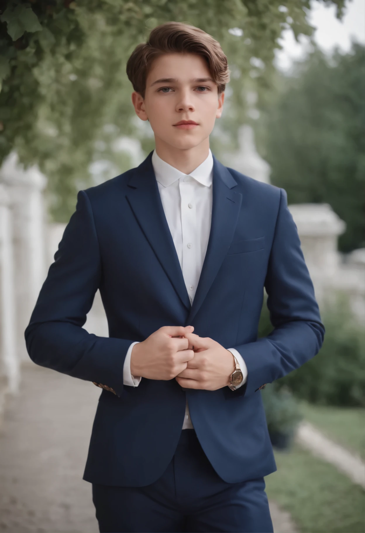 15 year old boy in a navy blue suit with short brown hair in a royal pose