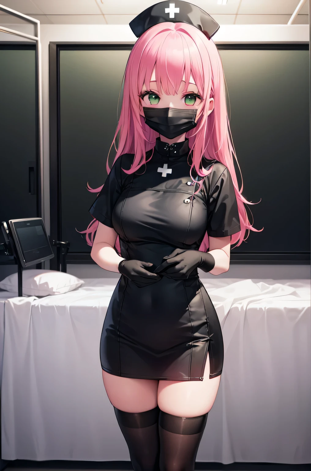 black nurse, 1girl, solo, black nurse cap, black nurse uniform, ((black legwear, zettai ryouiki)), black elbow gloves, pink hair, green eyes, drooping eyes, ((black surgical mask, covered nose)), standing, ((surgery room)), sharp outline, short sleeves, best quality, masterpiece