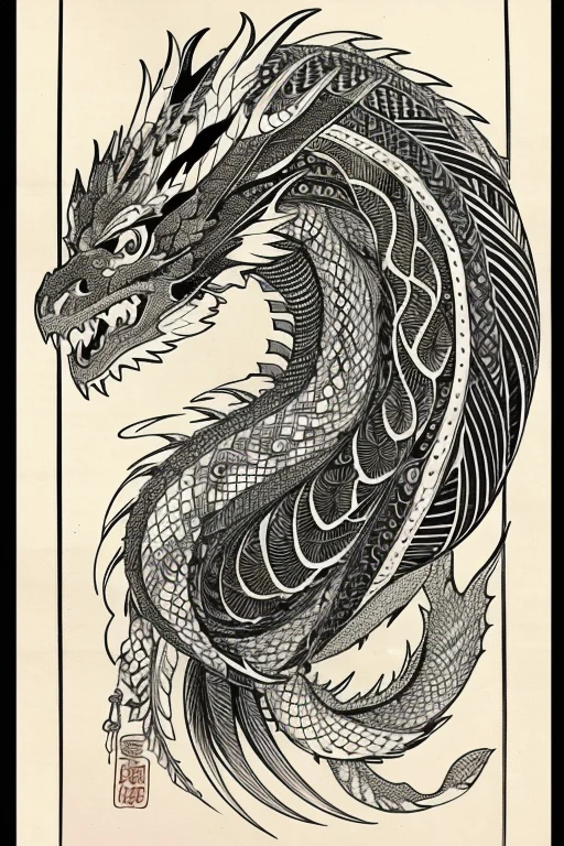 Adult coloring bookonochrome drawing,Black and White、Ise Katagami、Japanese painting、Ink painting、Japanese traditional patterns、dragon、