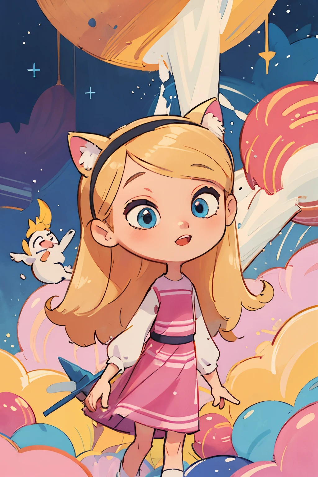 (masterpiece, best quality:1.2), 1girl, solo, penny peterson, floating, best quality,detailed eyes,((penny peterson)), ((pink dress)), puffy sleeves, blue eyes, long blonde flowing hair, blonde hair, cat ears, hairband, joyful, colorful background, watercolor illustration, disney art style, glowing lights, neon, neon lights, galaxies, rocket, planets, stars, cute illustration, cute art, cute characters, cute digital art, disney style, anime, 2d, cozy calm, cute detailed digital art, rainbows,