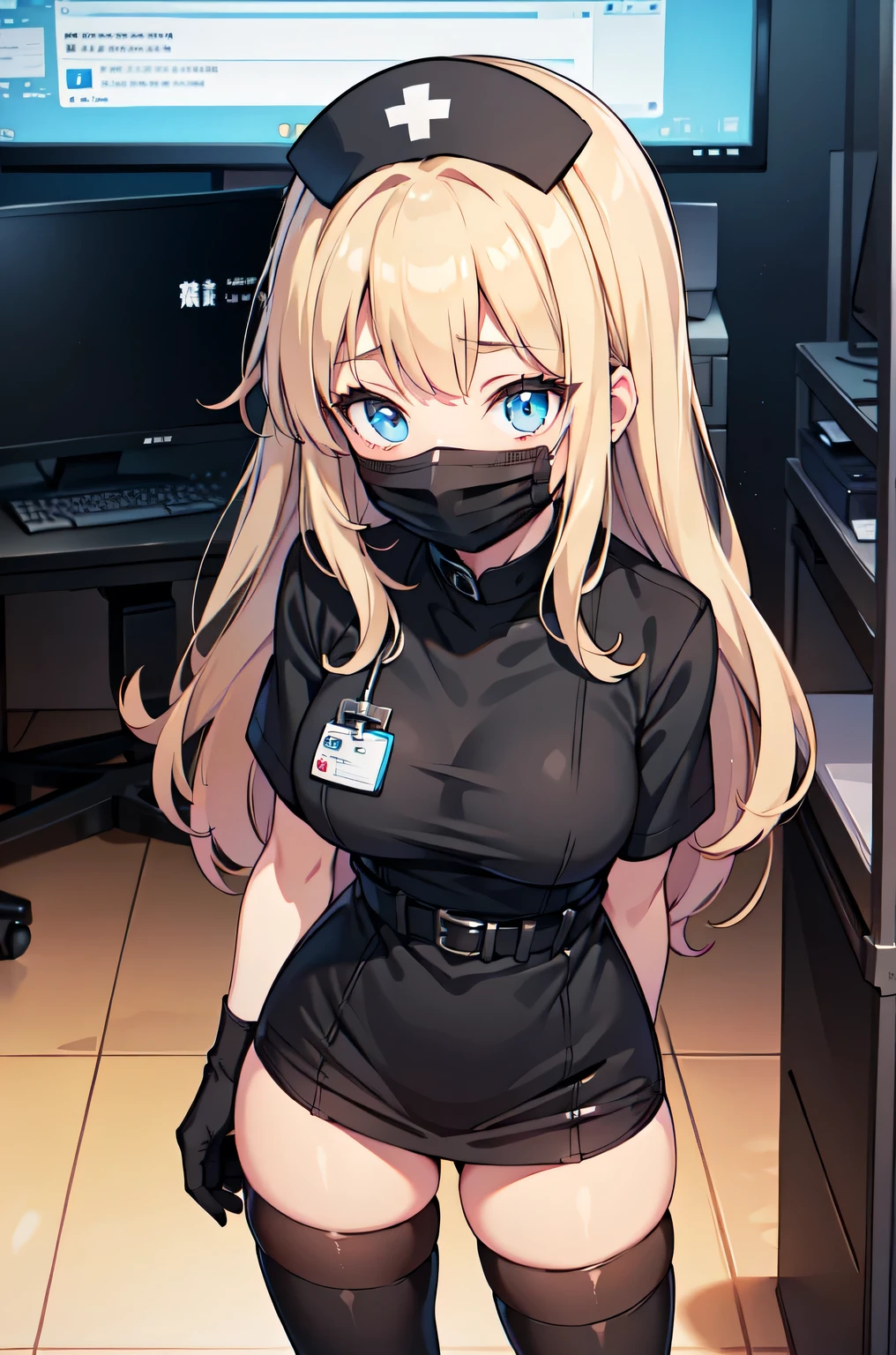 black nurse, 1woman, solo, black nurse cap, black nurse uniform, ((black legwear, zettai ryouiki)), black elbow gloves, blonde hair, blue eyes, ((black surgical mask, covered nose)), standing, ((surgery room)), sharp outline, short sleeves, mature female, 35 years old, best quality, masterpiece