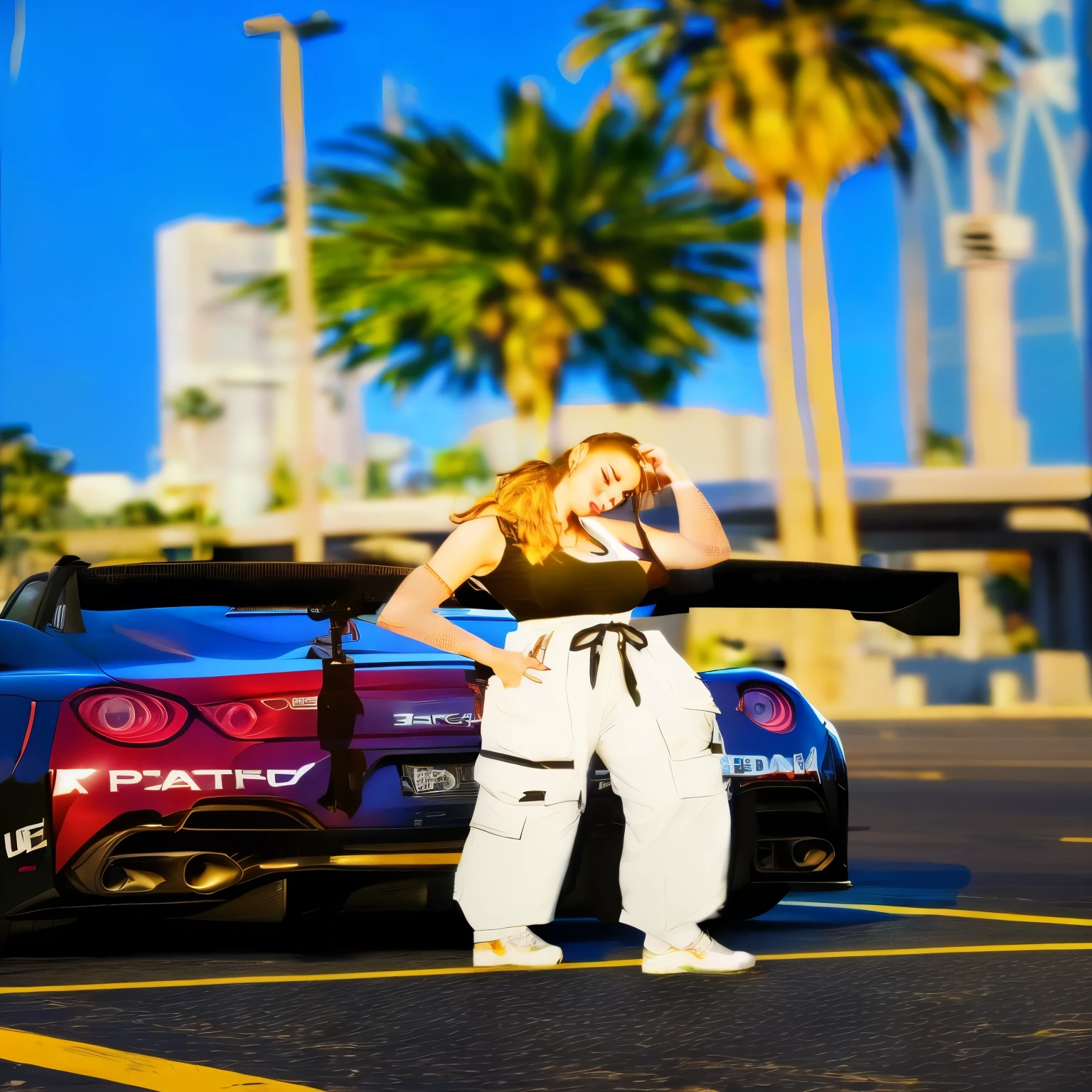 there is a woman standing next to a car in a parking lot,black singlet,brown hair