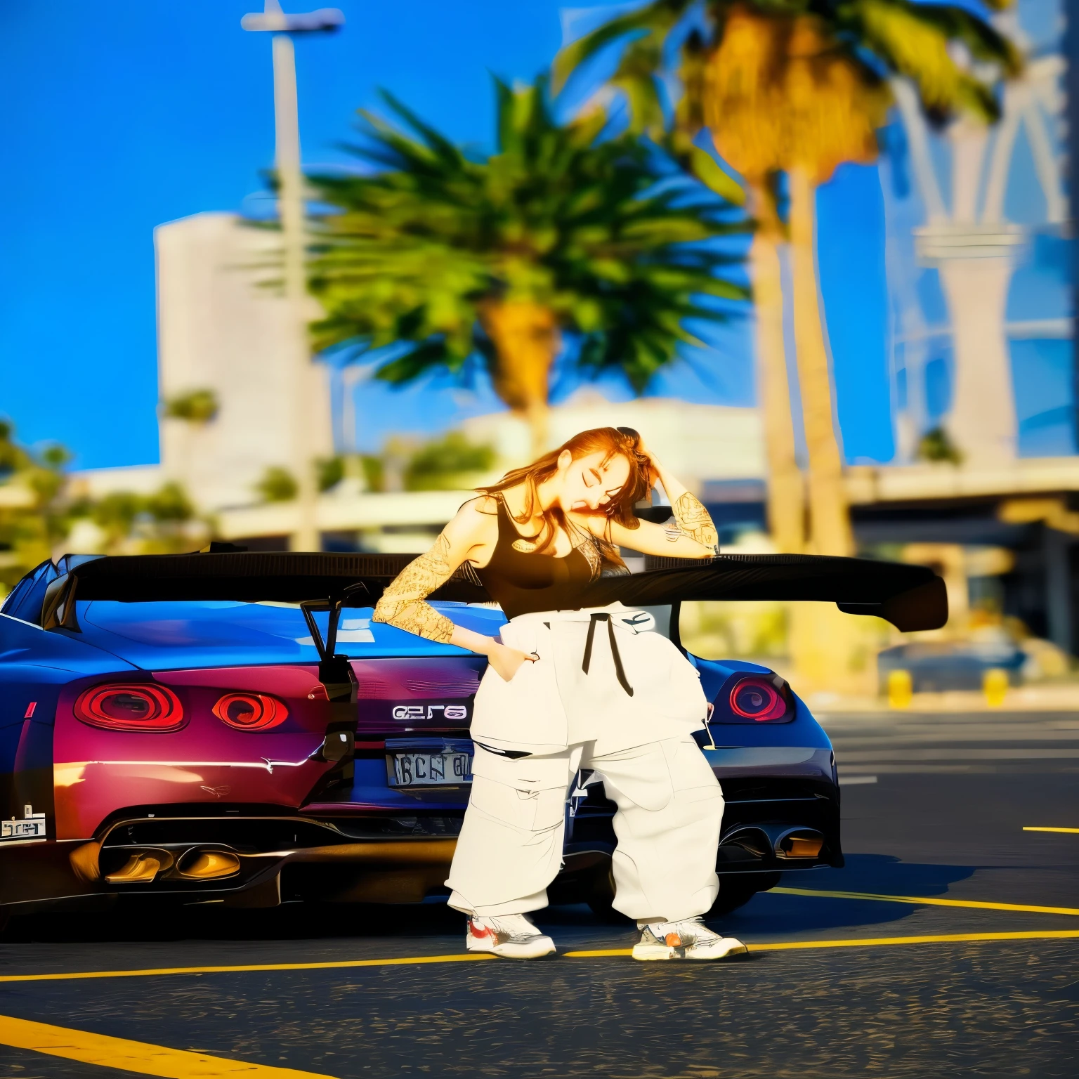 there is a woman standing next to a car in a parking lot,black singlet,brown hair