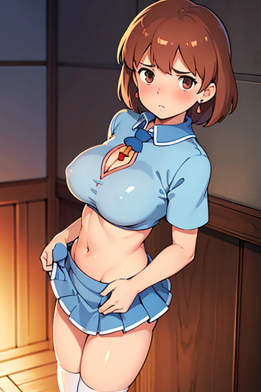 (masterpiece, highest quality, High resolution, 8k, Realistic), High School Girl Nausicaa, very cute, Sad expression, beautiful girl, Pure, , blush, alone, Brown Hair, short hair, Red Gem Earrings, Puzzled, Secret Feelings, Moist eyes, (Looking at the audience), Cleavage, Beautiful breasts, (High School Girl Uniform, mini skirt,Knee-high socks), Perfect beauty, Slim body, Luxury hotel suites, (Perfectly detailed anatomy, Beautiful and elaborate face&eye:1.5, Shiny skin, Perfect body)、T-back underwear、Beautiful buttocks, As I turned around, I want to see the whole body