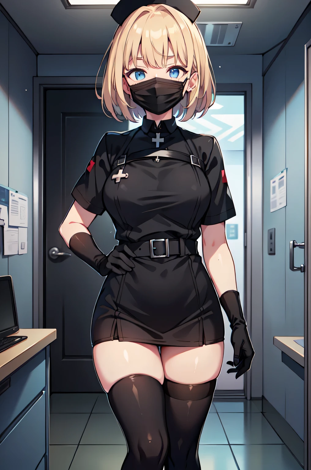 black nurse, 1woman, solo, black nurse cap, black nurse uniform, ((black legwear, zettai ryouiki)), black elbow gloves, blonde hair, blue eyes, ((black surgical mask, covered nose)), standing, ((surgery room)), sharp outline, short sleeves, mature female, 35yo, best quality, masterpiece