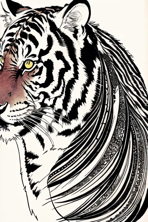 Adult coloring bookonochrome drawing,Black and White、Ise Katagami、Japanese painting、Ink painting、Japanese traditional patterns、Tiger、
