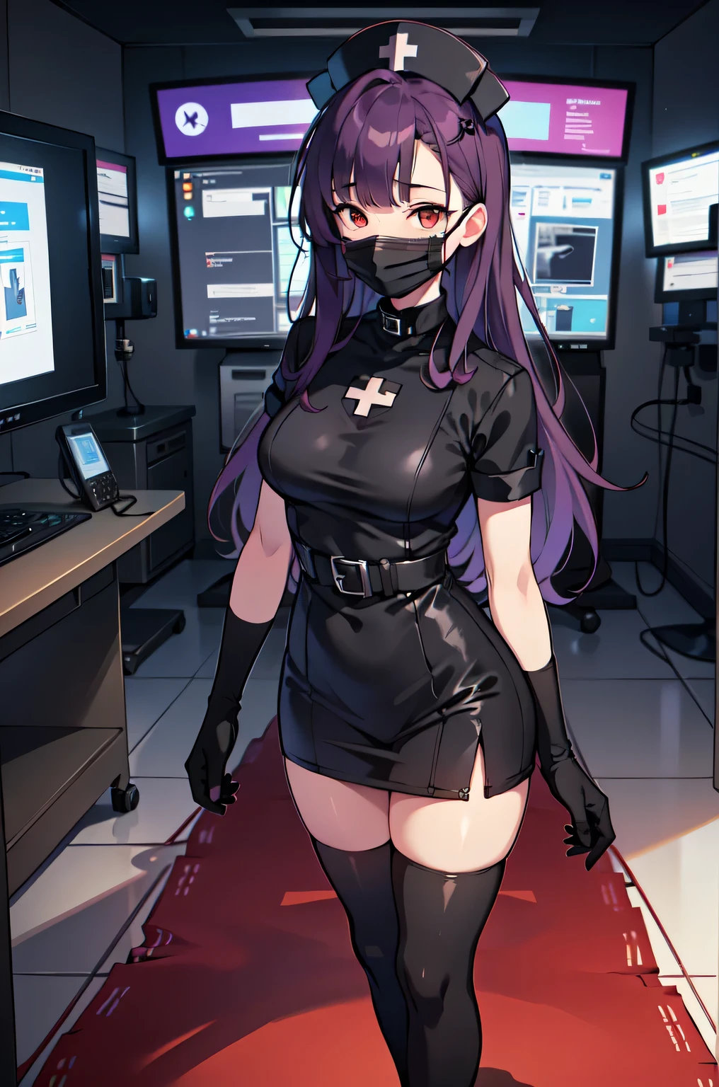 black nurse, 1woman, solo, black nurse cap, black nurse uniform, ((black legwear, zettai ryouiki)), black elbow gloves, long hair, purple hair, red eyes, ((black surgical mask, covered nose)), standing, ((surgery room)), sharp outline, short sleeves, mature female, 35 years old, best quality, masterpiece