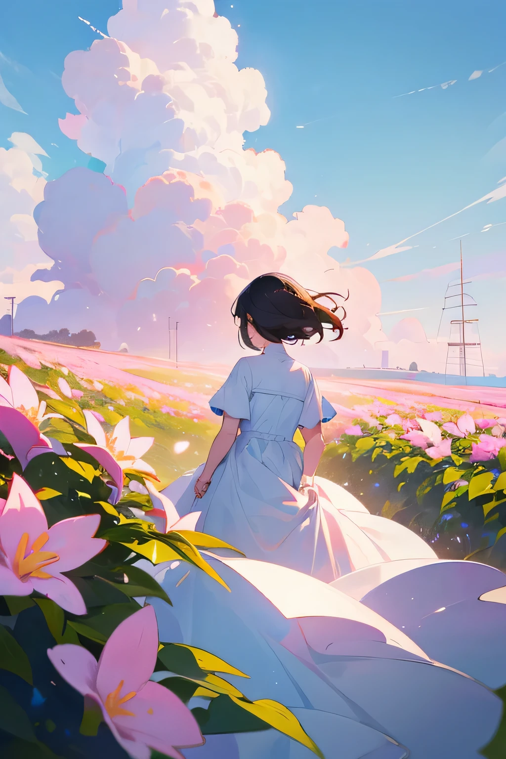 A girl looks at the sky from behind, amidst bright, pastel-colored flowers, wearing a white dress