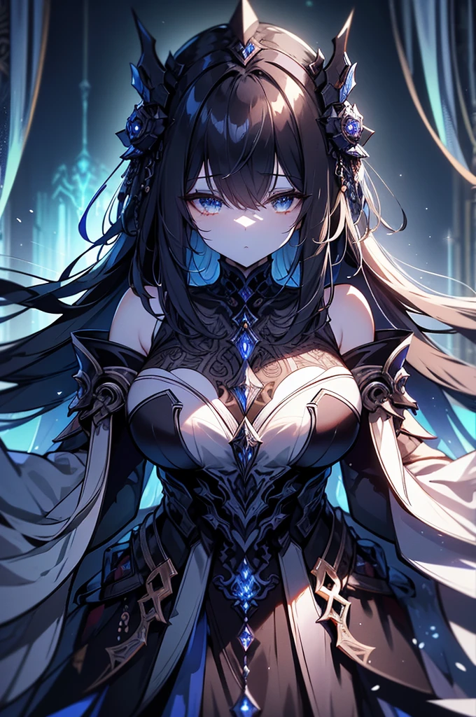 Within the stygian depths of a mythological starship hangar in a digital anime, an imposing figure looms. This digital painting captures a towering, shadowy being, covered in intricate metallic armor that gleams with an ethereal luminescence. The figure's eyes glow with an otherworldly intensity, and its outstretched hands crackle with dark energy. The image is beautifully rendered with rich, deep colors and intricate details, drawing the viewer into a realm of futuristic wonder and mystery.