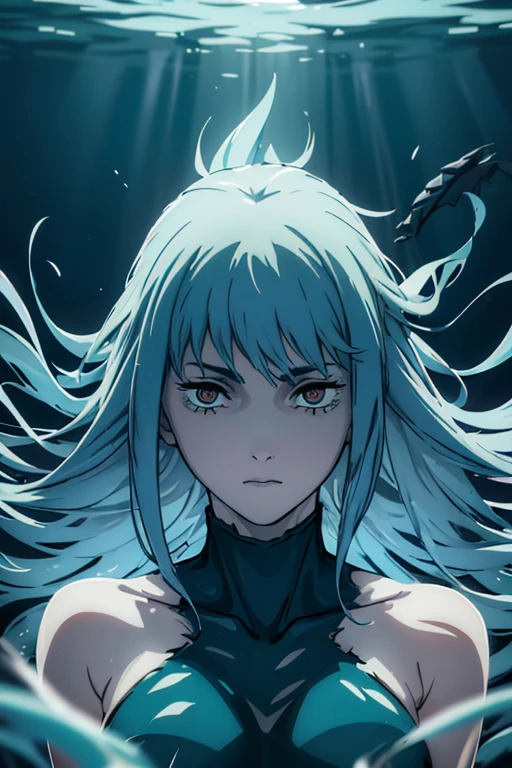 shark lady, hybrid human-shark, underwater scene, powerful and fierce eyes, sleek and muscular body, scaly and textured skin, elegant and flowing movements, sharp and deadly teeth, graceful and fluid swimming, blue and green hues, dramatic lighting, dynamic and energetic composition, photorealistic style, high-resolution details, intense and thrilling atmosphere, ominous and mysterious presence, deep-sea environment, underwater plants and corals, water bubbles and rays of light, captivating and enchanting beauty, the queen of the ocean, the embodiment of strength and grace. (best quality, highres, ultra-detailed, realistic:1.37), underwater photography, aquatic life, shark-human hybrid portraits, oceanic fantasy art.