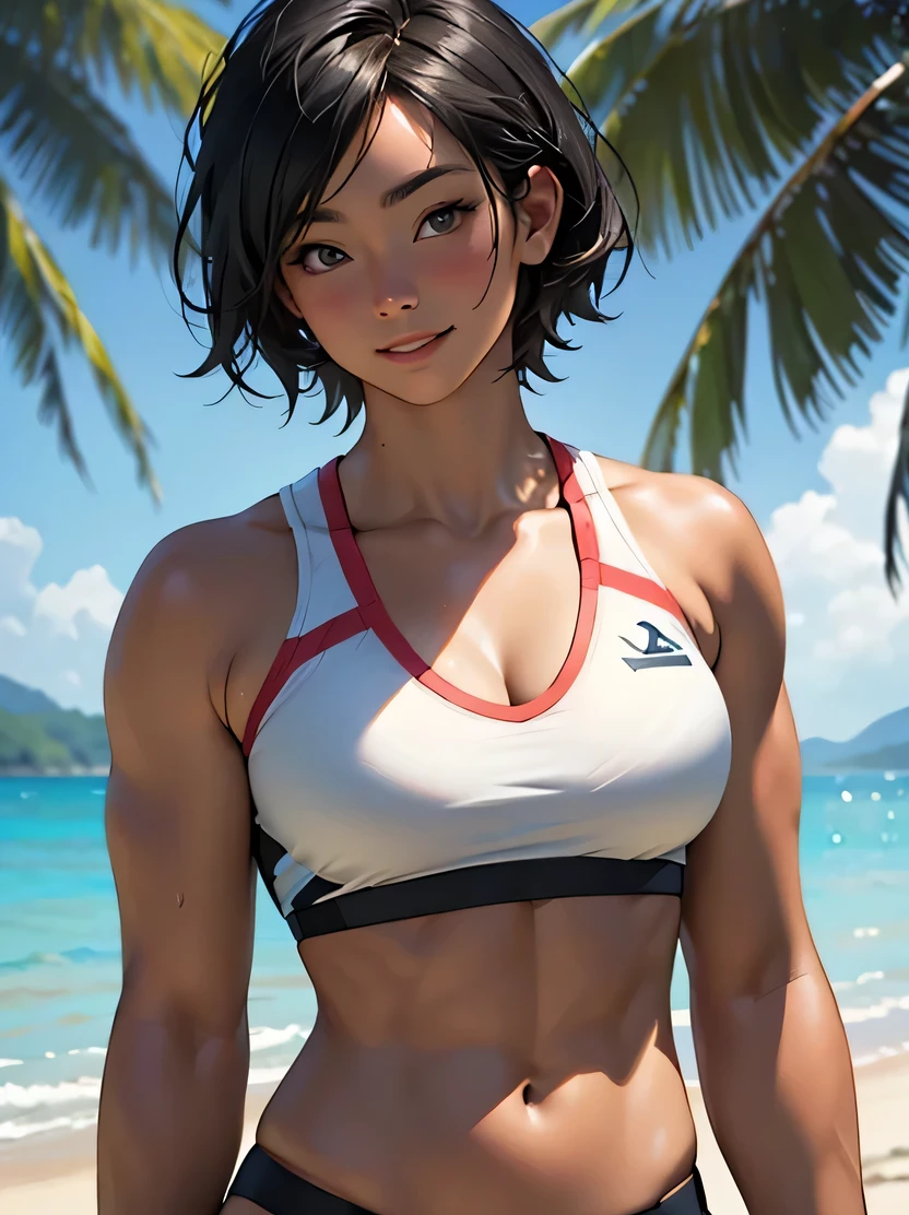 ((masterpiece、highest quality、Very detailed、High resolution、Sharp focus))、Bust Shot、Focus from the chest up、One Girl、Black Hair、short hair、Healthy Beauty、Beach volleyball player、Soft look、(Cleavage、Abdominal muscles)、 ((Perfect fitting beach volleyball uniform、Soft and thin fabric))、White sand beach、Detailed hand drawing