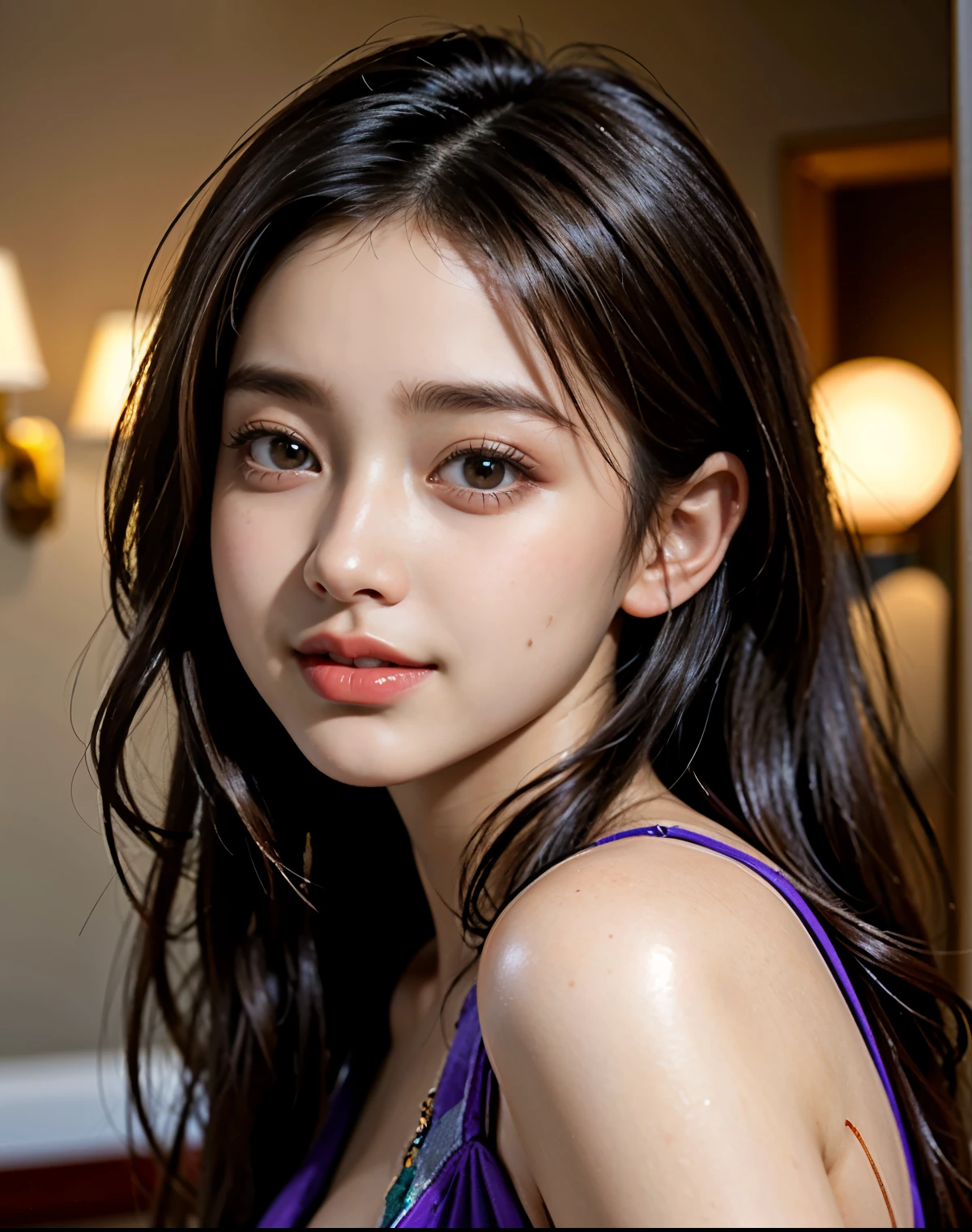 highest quality, figure, super detailed, finely, High resolution, 8k wallpaper, Perfect dynamic composition, beautiful skin, Big eyes that shine like jewels, (18 year old beautiful girl:1.6), natural color lip, random sexy poses, Chest middle, smile, Highly detailed face and skin texture, Detailed eyes, Double eyelid,leaking teeth and laughing, close-up, from side, (red purple dress:1.2), indoor