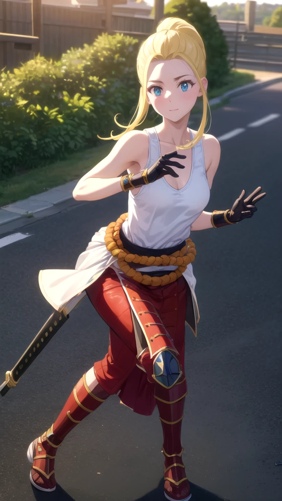 Realistic, (4K), Depth of written boundary, (masterpiece), (Realistic skin texture), Very detailed, Complex, Super detailed, Professional photography, Bokeh, High resolution, Sharp details, highest quality, girl, Long Hair, Blonde, ponytail, blue eyes, White tank top, (Samurai Armor), gloves, Put your knees on your chest , Dynamic pose,  Open Highway, Empty road, Happy, Stand in the middle of the road, Dawn, Japanese architecture,(topless some times:1.1),