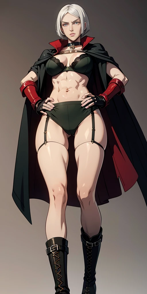 A woman with short bob haircut white silver platinum hair, choppy bangs, arched crescent eyebrows, sharp and determined eyes, a delicate oval face, a serious expression, a fantasy-style dark green military coat, draped with a dark red cloak, leather combat boots, silver greaves leggings, this character embodies a finely crafted fantasy-style female military officer in anime style, exquisite and mature manga art style, pale skin, big breast knockers cleavage, ((Plain background 1:2)) (Cammy White Street Fighter white silver short bob haircut) Female full body standing straight symmetrical looking to the viewer RED full body armored (handcuffs, shackles, rerebrace, faulds, poleyn, gauntlets, leather collar choker, gloves, gauntlets, high boots bootstraps, black stockings) 2 crossing big belt under belly button, navel, abs, garter straps belts attaching bra ((hands on hips)) view from below, wide hips