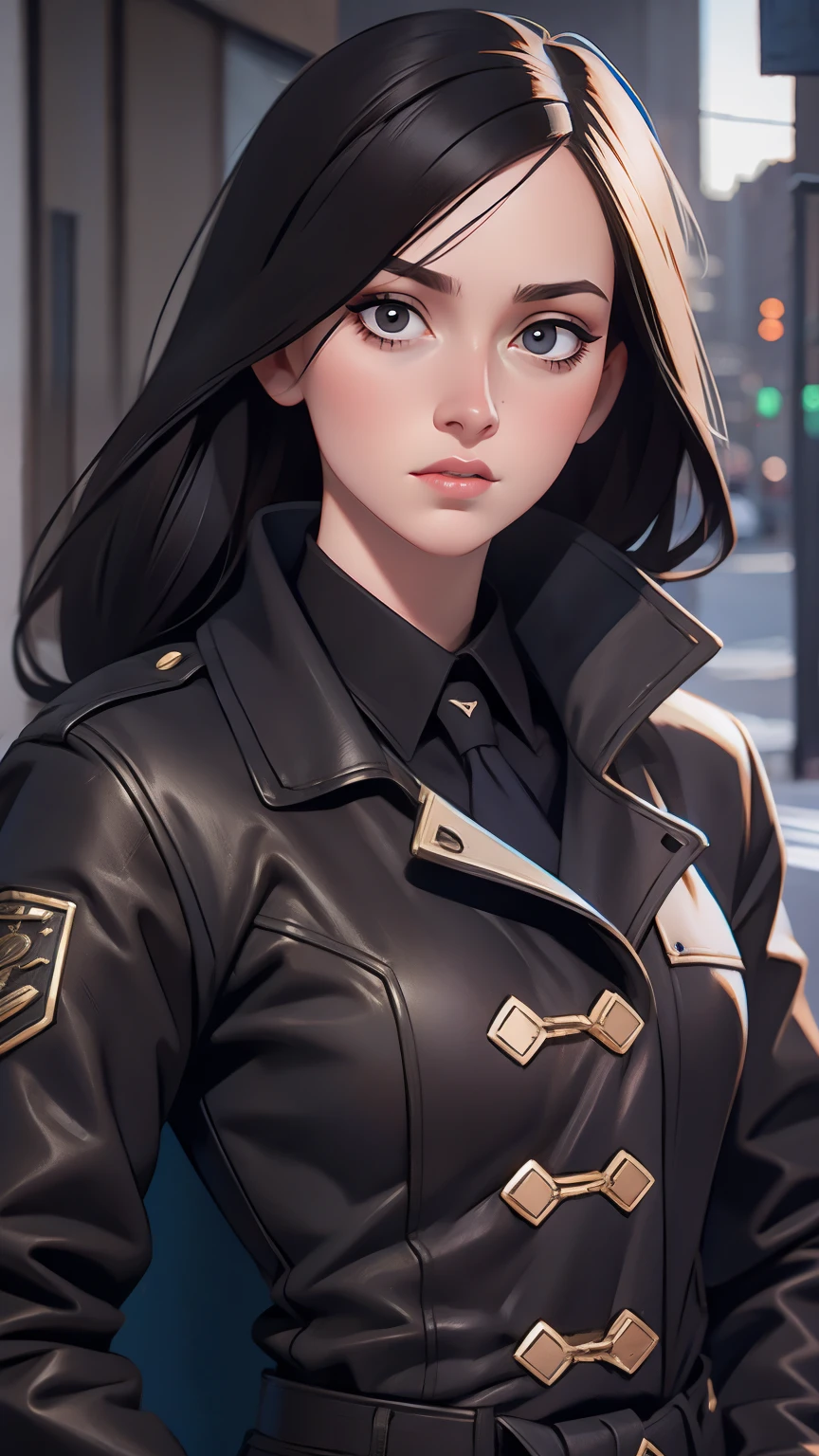 beautiful girl with realistic black eyes, pale skin, mid-length black hair, perfect face, perfect eyes, wearing coat, highly detailed, comprehensive cinematic, digital painting, 8k, cinematic lighting, best quality, highres, detailed work, post-processing, perfect result, hyper realistic