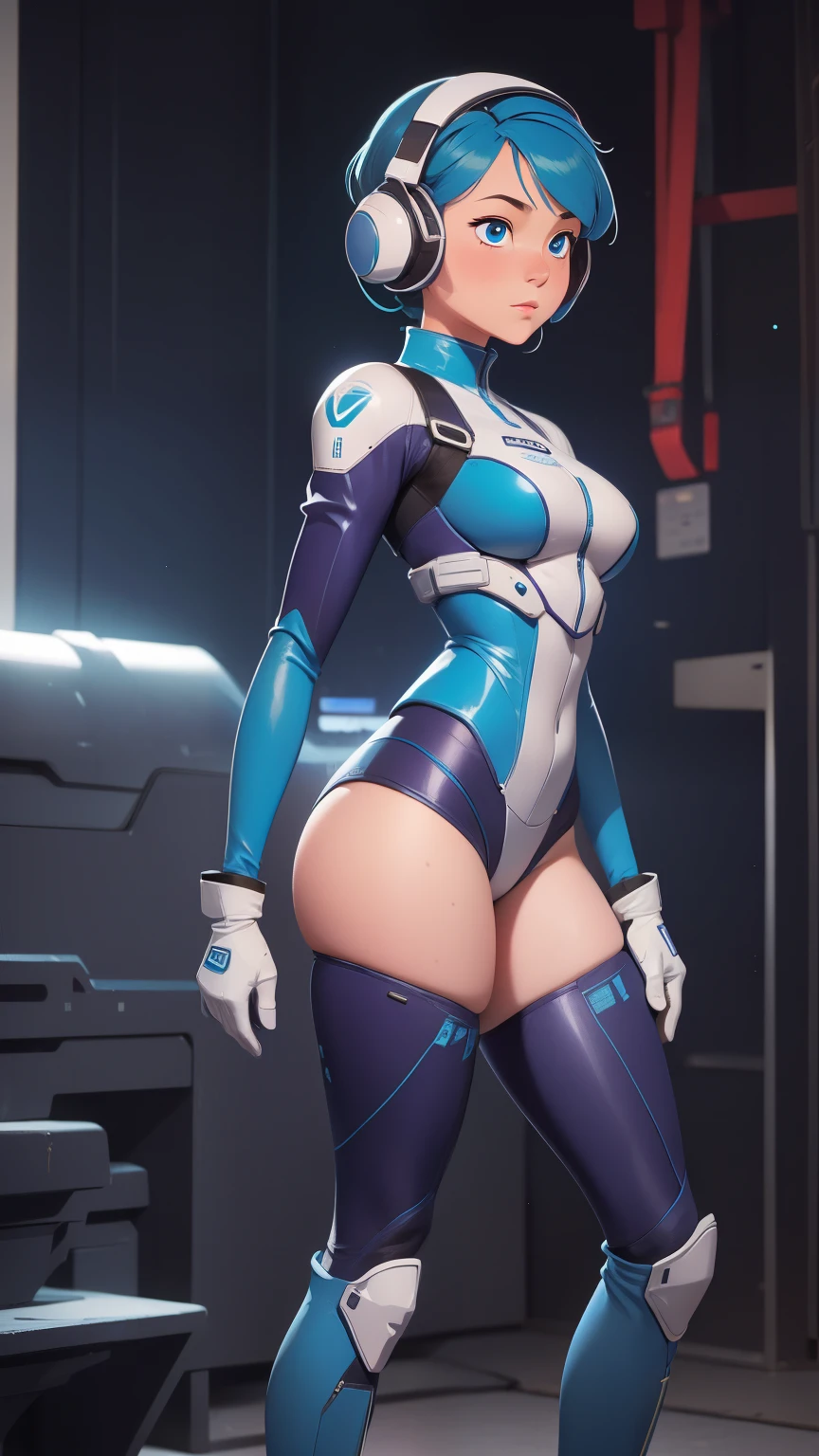 (masterpiece, highest quality, highest resolution, distinct_image, detailed details): (Solo, lone girl, Japan face, blue-haired girl, short hair, full body figure, small size breasts, sparkling blue colored eyes, pilot suit in metallic tone white and blue, black color, tight fit clothes, clothes covering the whole body, beauty, slim body, exoskeleton, knee boots, heroine, supine, Thighs open from side to side, arm-length gloves, headset)