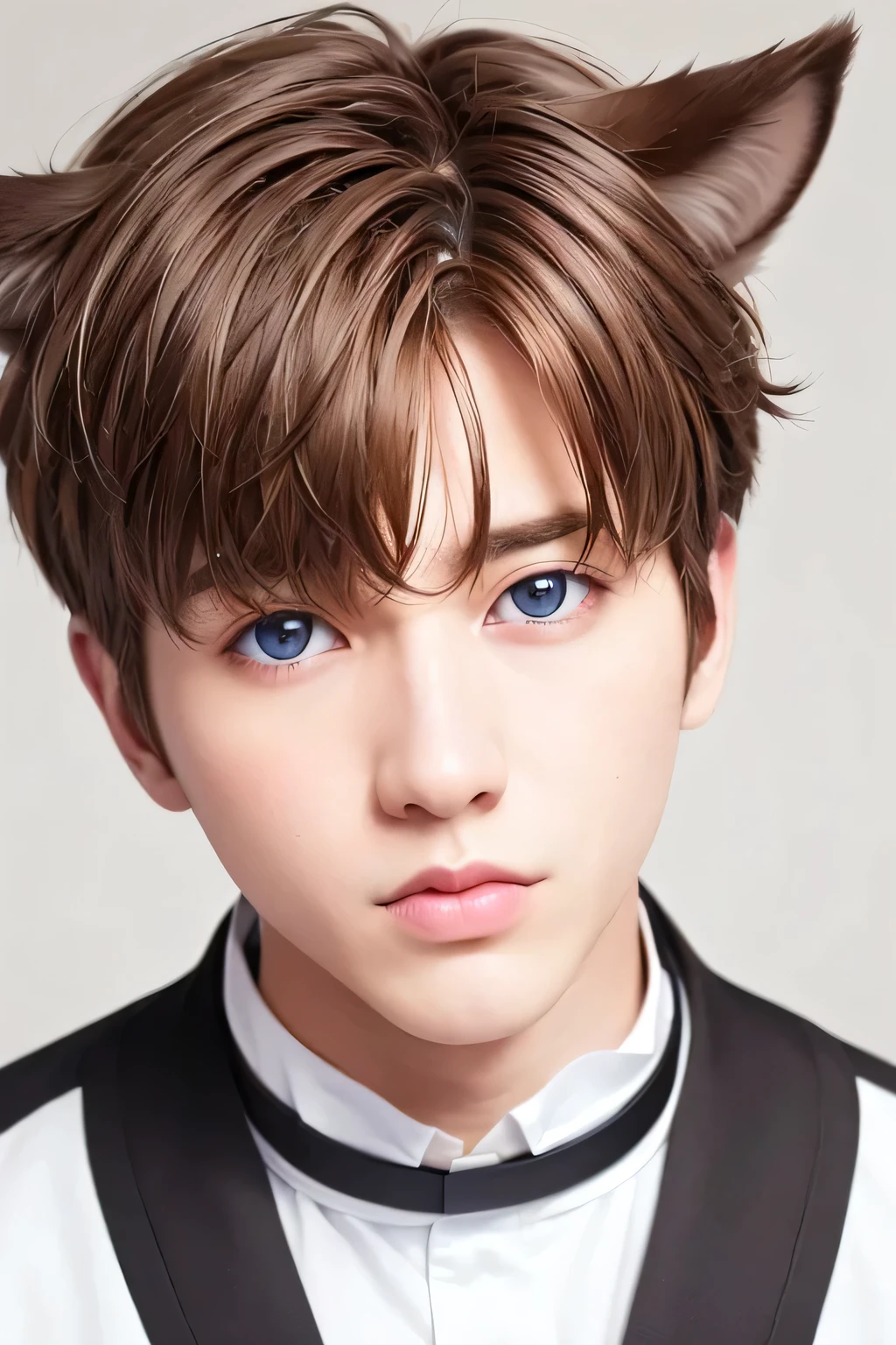 １male、Creating aesthetics、highest quality、masterpiece、8k、Blurred feeling、Realistic Skin、(head shot:1.45)、(Brown Hair:1.23)、Disheveled Hair、(Dog Ears)、choker、blue eyes、White clothes、White background