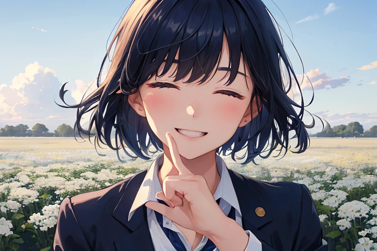 (High Definition, Ultra-Realistic), A high school girl with black short cuts, (Clothing: Navy blue blazer and a white collared shirt), (Expression: A bright smiling face with closed eyes), (Hand: Reaches out and stretches all fingers straight), (Arms: Opens both left and right to welcome), (Face and Body: Facing towards the viewer),
The scenic background depicts a clear blue sky and a vast meadow filled with radiant white flowers., Evoking a serene and sweet atmosphere.