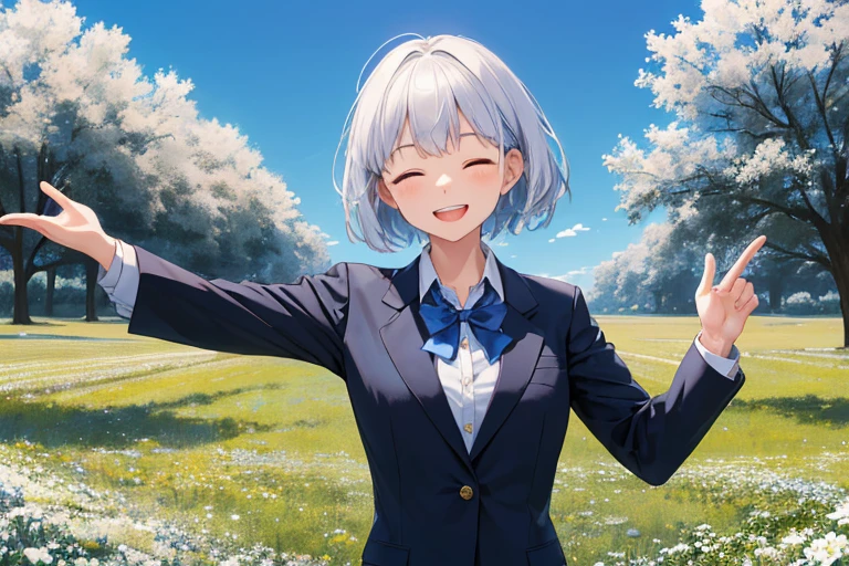 (High Definition, Ultra-Realistic), A high school girl with black short cuts, (Clothing: Navy blue blazer and a white collared shirt), (Expression: A bright smiling face with closed eyes), (Hand: Reaches out and stretches all fingers straight), (Arms: Opens both left and right to welcome), (Face and Body: Facing towards the viewer),
The scenic background depicts a clear blue sky and a vast meadow filled with radiant white flowers., Evoking a serene and sweet atmosphere.