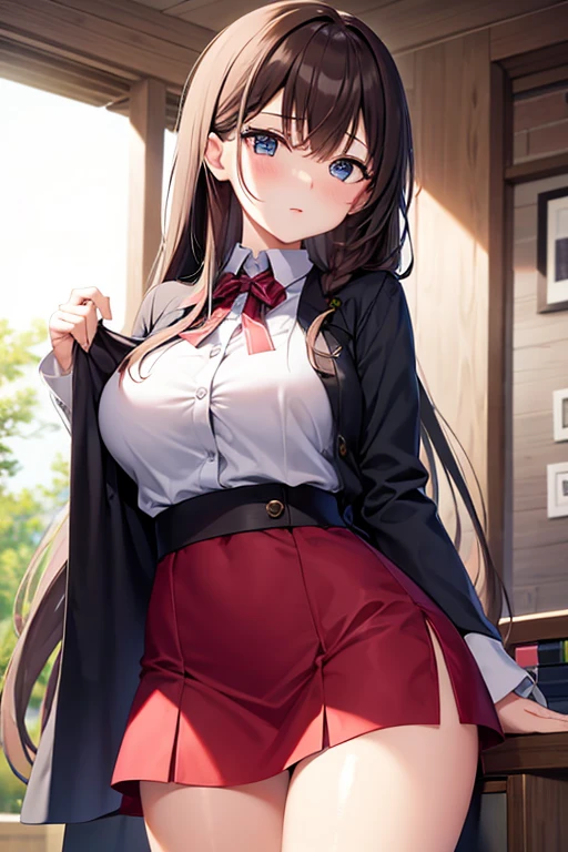 a girl in hot clothes blushing she falling in love (long brown hair)