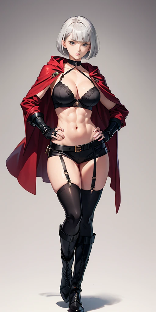 A woman with short bob haircut white silver platinum hair, choppy bangs, arched crescent eyebrows, sharp and determined eyes, a delicate oval face, a serious expression, a fantasy-style dark green military coat, draped with a dark red cloak, leather combat boots, silver greaves leggings, this character embodies a finely crafted fantasy-style female military officer in anime style, exquisite and mature manga art style, pale skin, big ?????? knockers cleavage, ((Plain background 1:2)) (Cammy White Street Fighter white silver short bob haircut) Female full body standing straight symmetrical looking to the viewer RED full body armored (handcuffs, ????????, rerebrace, faulds, poleyn, gauntlets, leather collar choker, gloves, gauntlets,  high boots bootstraps, black stockings) 2 crossing big belt under belly button, navel, abs, garter straps belts attaching bra ((hands on ????)) view from below, wide ????