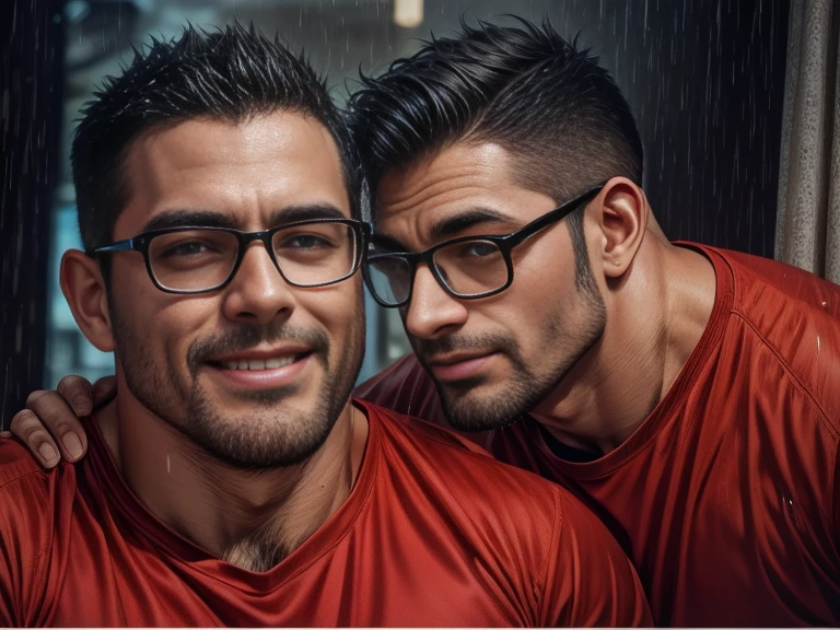 Tall muscular man in underwear wet by raindrops with rain falling in the background with exaggerated expressions 