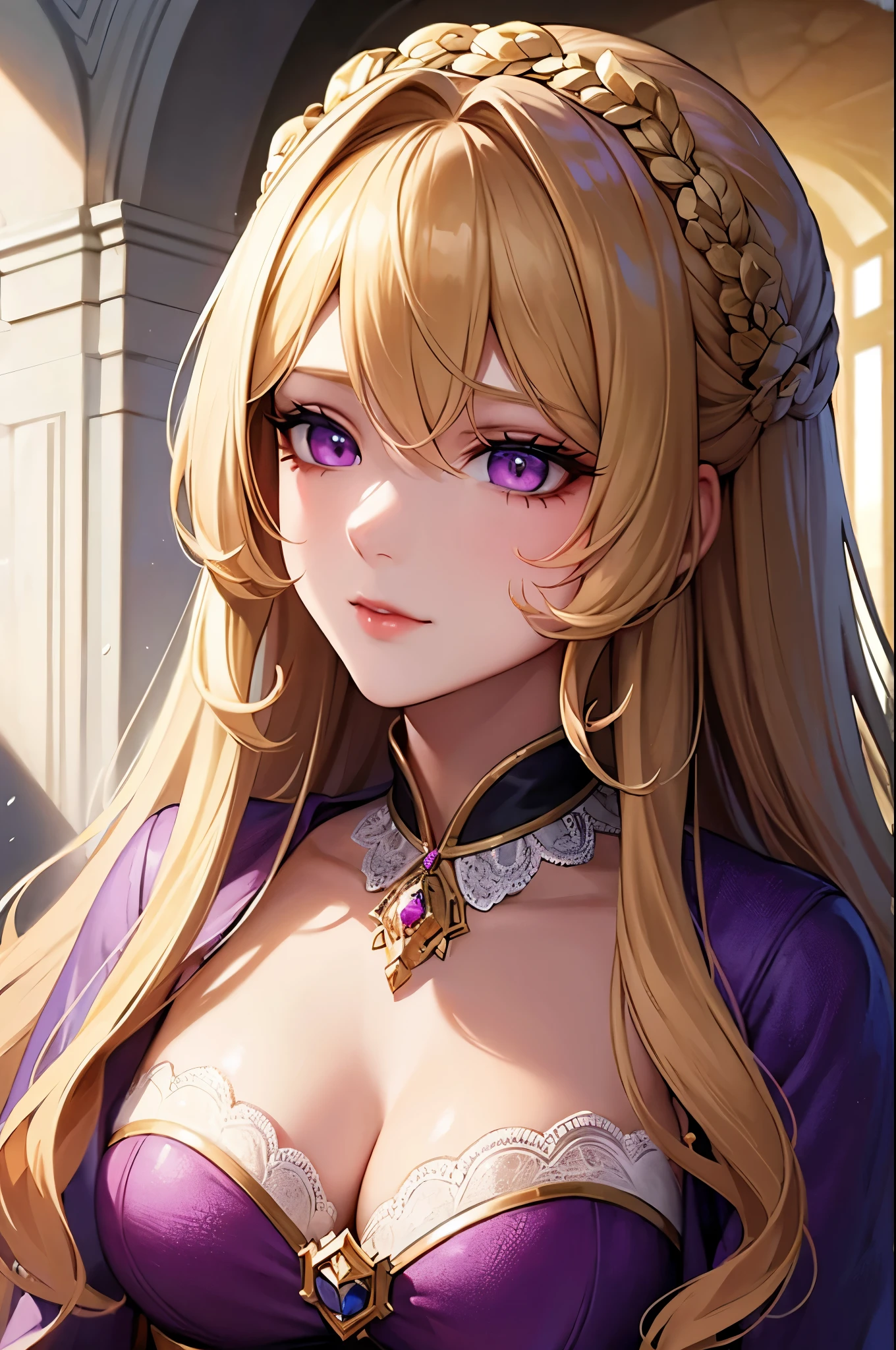 ((best quality)), ((masterpiece)), (detailed), perfect face Duchess With blonde curl hairstyle and violet eyes, medieval clothes, adult face shape