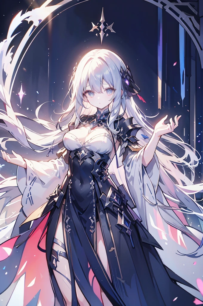 Within the stygian depths of a mythological starship hangar in a digital anime, an imposing figure looms. This digital painting captures a towering, shadowy being, covered in intricate metallic armor that gleams with an ethereal luminescence. The figure's eyes glow with an otherworldly intensity, and its outstretched hands crackle with dark energy. The image is beautifully rendered with rich, deep colors and intricate details, drawing the viewer into a realm of futuristic wonder and mystery.