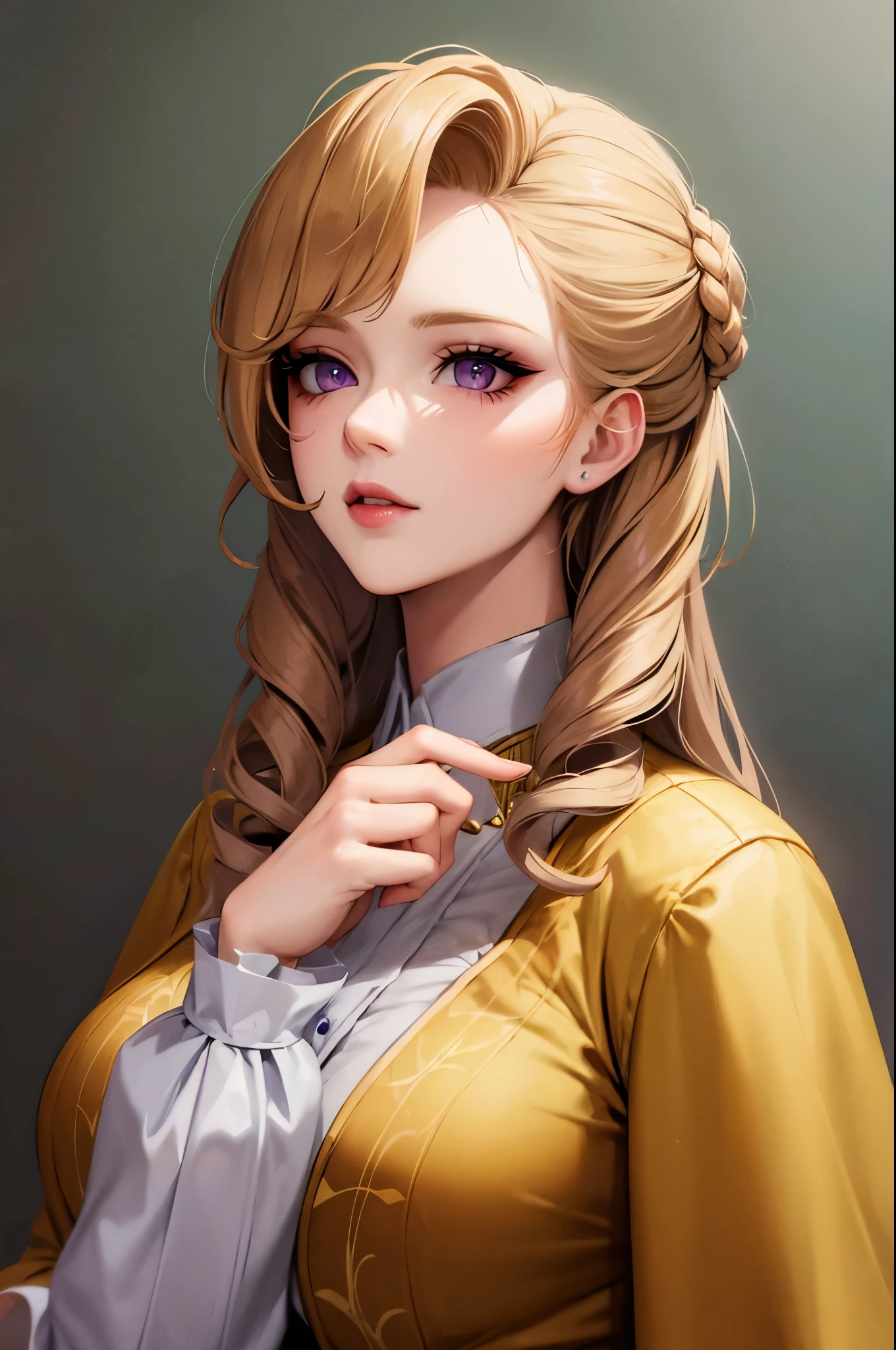 ((best quality)), ((masterpiece)), (detailed), perfect face Duchess With blonde curl hairstyle and violet eyes, medieval clothes, adult face shape
