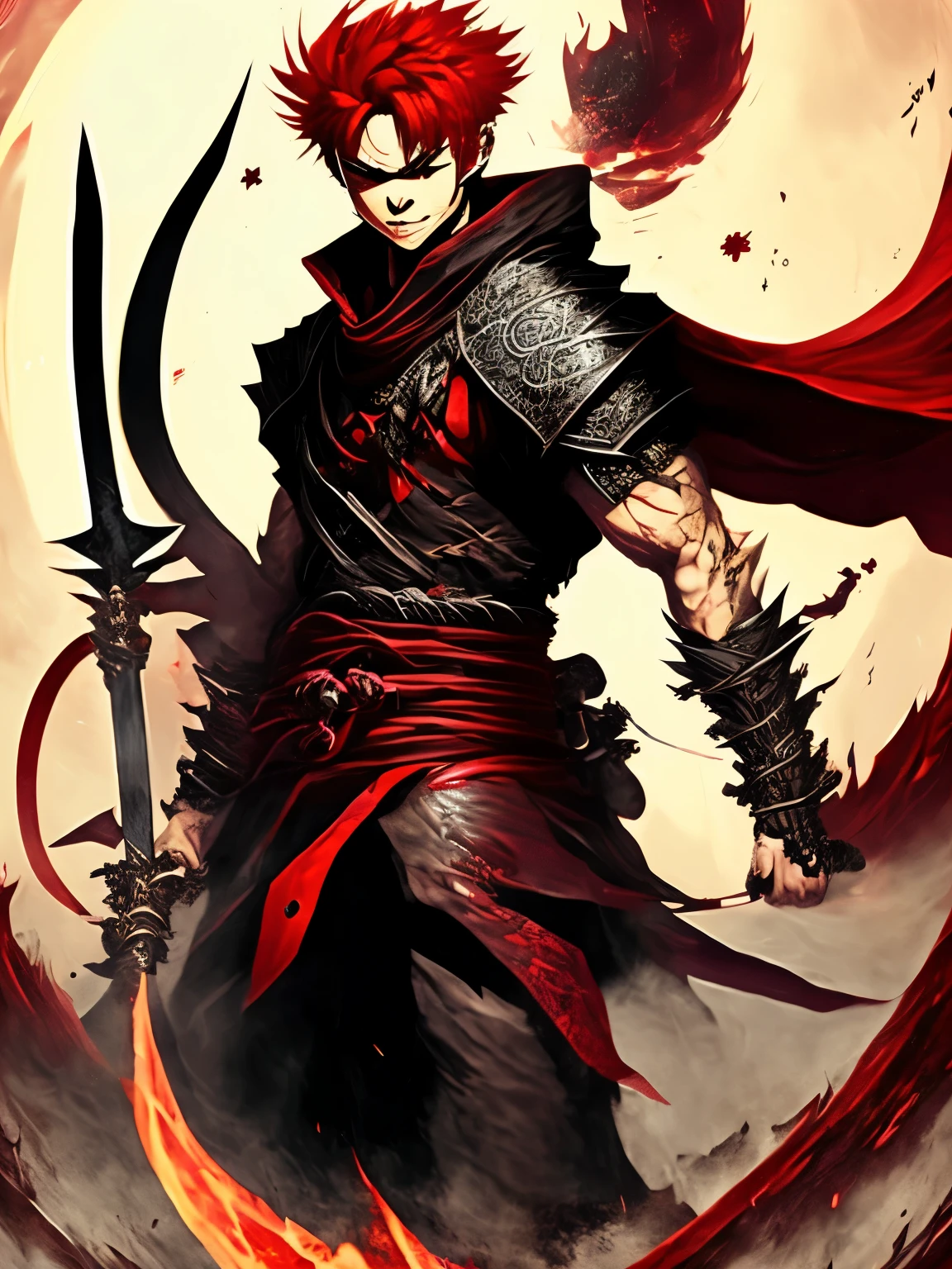 Good looking boy、Red hair、Brown Eyes、Black Sword、insanity、Crazy Smile、Red and black effect、Wandering Kamaitachi、Red Moon、Pitch black space
