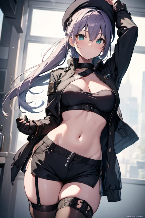 ubel,dark green hair,long hair,side ponytail,hair between eyes,bangs, BREAK (beret, black jacket, open clothes, cleavage, midriff, black shorts, black thighhighs, thigh strap, fingerless gloves, single glove:1.2) BREAK blurry background, BREAK pose, hand on hip, BREAK (masterpiece:1.2), best quality, high resolution, unity 8k wallpaper, (illustration:0.8), (beautiful detailed eyes:1.6), extremely detailed face, perfect lighting, extremely detailed CG, (perfect hands, perfect anatomy),