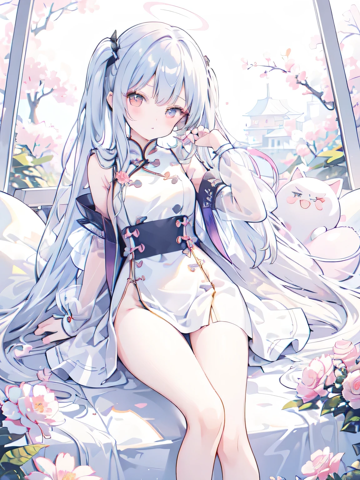 anime girl, beautiful pastel pink eyes, long white hair, in a beautiful skintight white qipao, bare legs, good anatomy, laying on a beautiful bed with sakura trees outside the window, 8k, high resolution