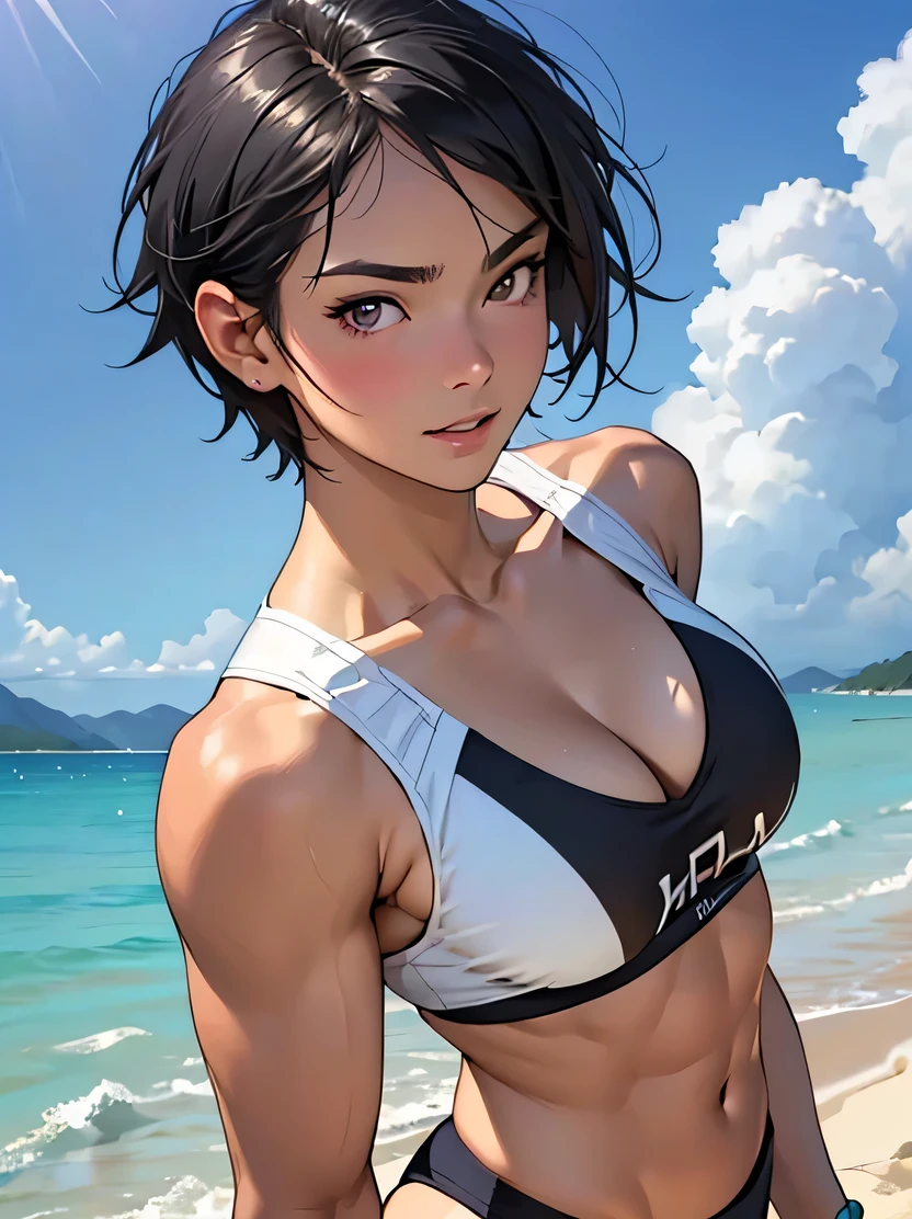 ((masterpiece、highest quality、Very detailed、High resolution、Sharp focus))、Bust Shot、Focus from the chest up、One Girl、Black Hair、short hair、Healthy Beauty、Beach volleyball player、Soft look、(Cleavage、Abdominal muscles)、 ((Perfect fitting beach volleyball uniform、Soft and thin fabric))、White sand beach、Detailed hand drawing