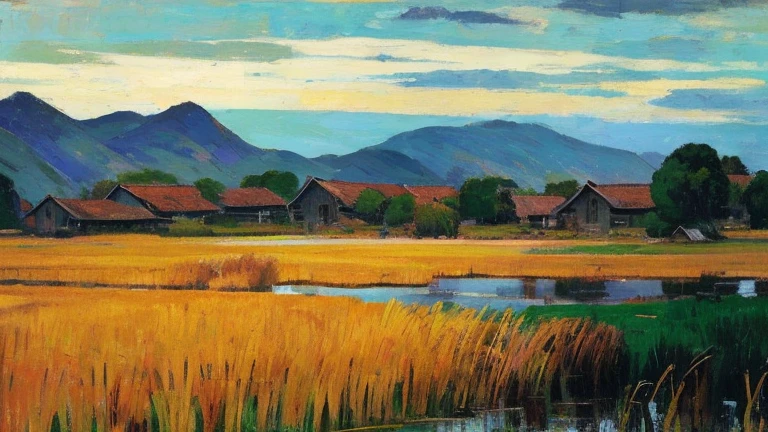 Reeds deep in the tall reed marshes,A man in his forties, Luo Zhiliu, was running in it.、shout,His thatched cottage can be seen in the reed marsh.,A small village can be seen in the distance。Gauguin style,painting