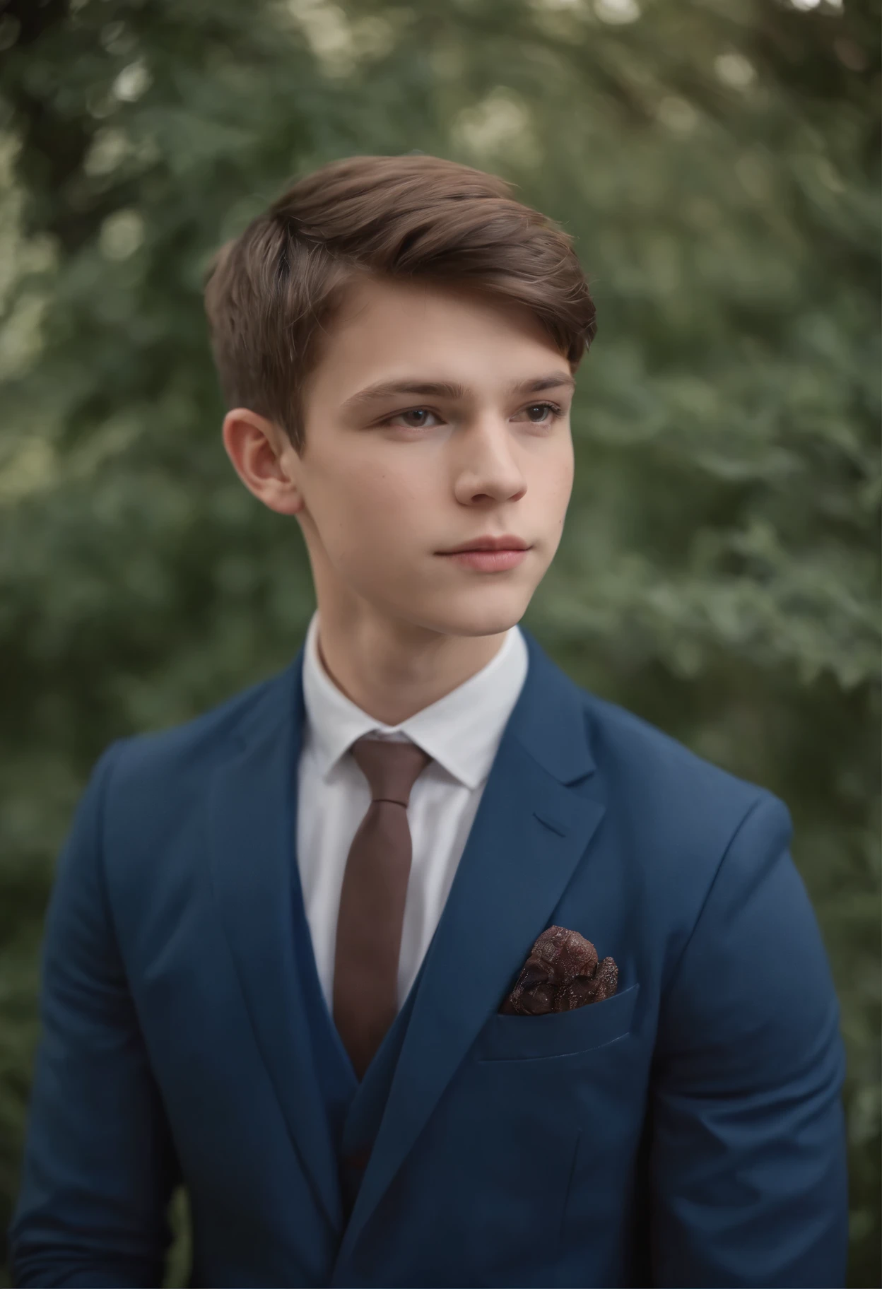 15 year old muscular boy in a navy blue suit with short brown hair in a royal pose