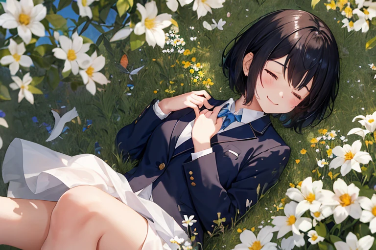 Amidst the serene backdrop of a high school campus, a young girl with black shortcut hair was seen. She was dressed in a navy blue blazer, the shine of which reflected the soft sunlight filtering through the meadow. Her expression was one of bright, welcoming smiles as she kept her eyes closed in contentment, her hand stretched out in invitation with all fingers splayed. Facing us directly with her body, she radiated a refreshing and sentimental impression, surrounded by the vast blue sky and blooming white flowers.