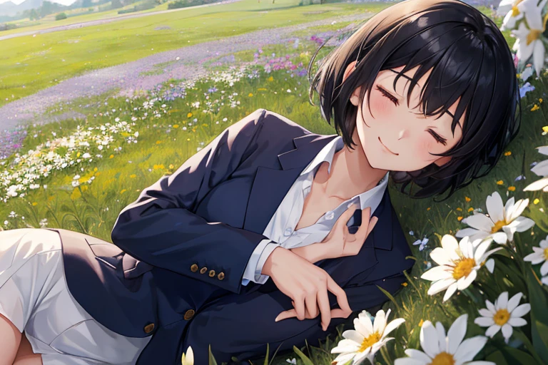 Amidst the serene backdrop of a high school campus, a young girl with black shortcut hair was seen. She was dressed in a navy blue blazer, the shine of which reflected the soft sunlight filtering through the meadow. Her expression was one of bright, welcoming smiles as she kept her eyes closed in contentment, her hand stretched out in invitation with all fingers splayed. Facing us directly with her body, she radiated a refreshing and sentimental impression, surrounded by the vast blue sky and blooming white flowers.