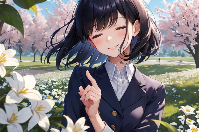 Amidst the serene backdrop of a high school campus, a young girl with black shortcut hair was seen. She was dressed in a navy blue blazer, the shine of which reflected the soft sunlight filtering through the meadow. Her expression was one of bright, welcoming smiles as she kept her eyes closed in contentment, her hand stretched out in invitation with all fingers splayed. Facing us directly with her body, she radiated a refreshing and sentimental impression, surrounded by the vast blue sky and blooming white flowers.