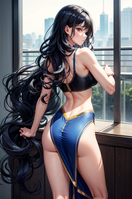 caucasian woman, blue-black hair, wavy hair, long hair, athletic body, standing, view from behind, sexy tight dress, slim belly, sensual look.