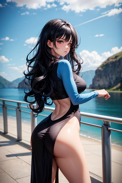 caucasian woman, blue-black hair, wavy hair, long hair, athletic body, standing, view from behind, sexy tight dress, slim belly, sensual look.