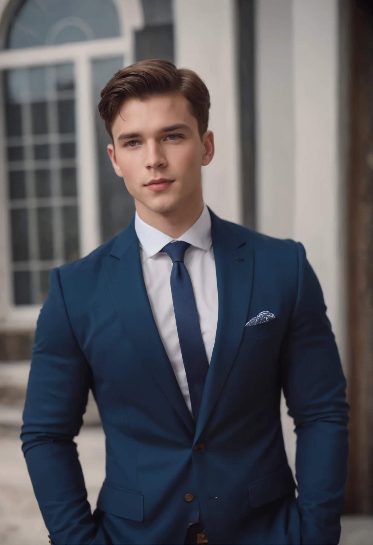 25 year old muscular boy in a navy blue suit with short brown hair in a royal pose