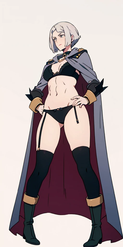 A woman with short bob haircut white silver platinum hair, choppy bangs, arched crescent eyebrows, sharp and determined eyes, a delicate oval face, a serious expression, a fantasy-style dark green military coat, draped with a dark red cloak, leather combat boots, silver greaves leggings, this character embodies a finely crafted fantasy-style female military officer in anime style, exquisite and mature manga art style, pale skin, big breast knockers cleavage, ((Plain background 1:2)) (Cammy White Street Fighter white silver short bob haircut) Female full body standing straight symmetrical looking to the viewer RED full body armored (handcuffs, shackles, rerebrace, faulds, poleyn, gauntlets, leather collar choker, gloves, gauntlets, high boots bootstraps, black stockings) 2 crossing big belt under belly button, navel, abs, garter straps belts attaching bra ((hands on hips)) view from below, wide hips