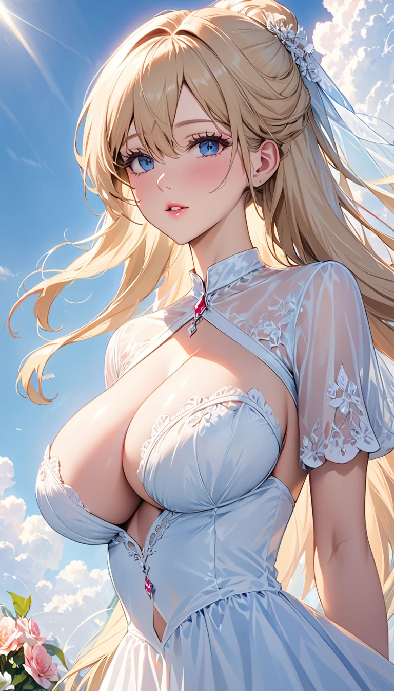 masterpiece:1.4,best-quality,Super Detail,Very Delicate and Beautiful, (( , low angle shot, The world's most pretty girlfriend )), blonde long hair, very , cleavage, very slender, perfect face